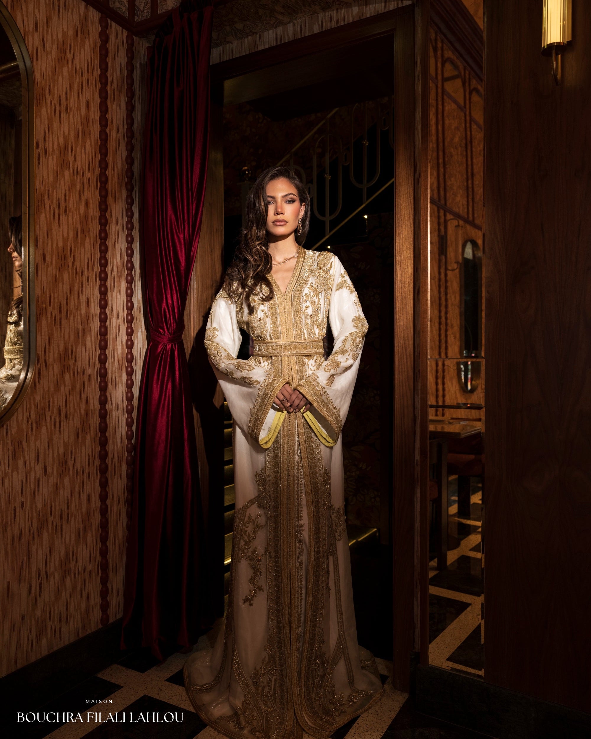 Ivory Meridian Moroccan kaftan with gold embroidery, belted waist and wide sleeves
