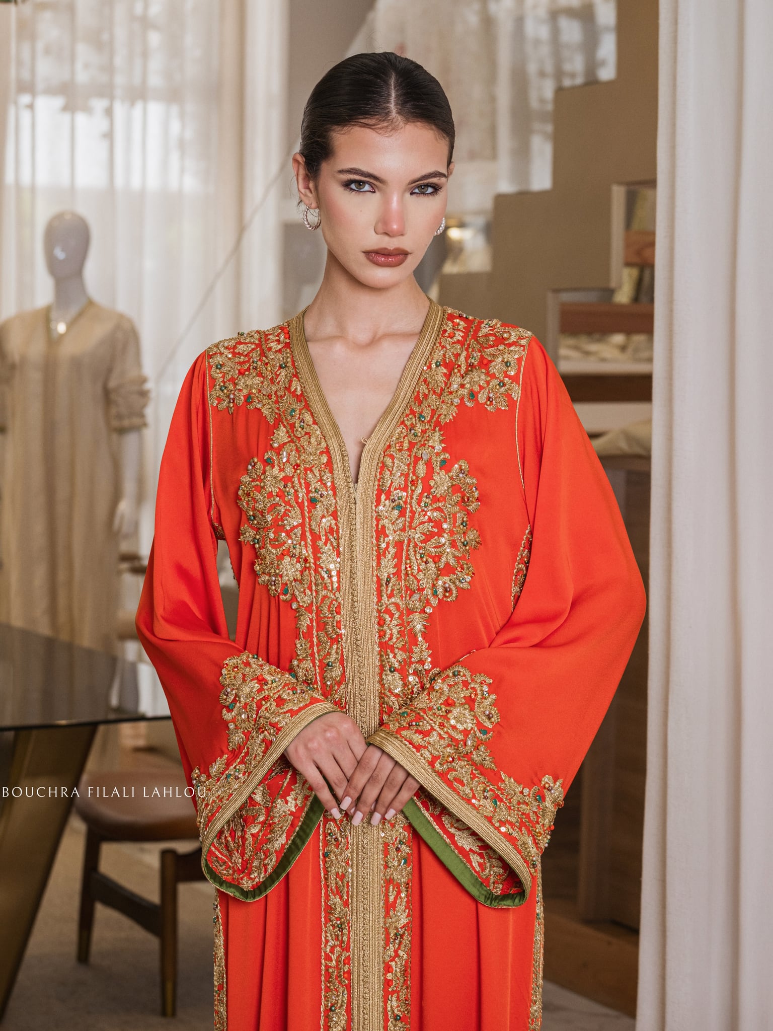Marigold Ember one-piece Moroccan caftan with dense gold embroidery on the placket, full-length front view