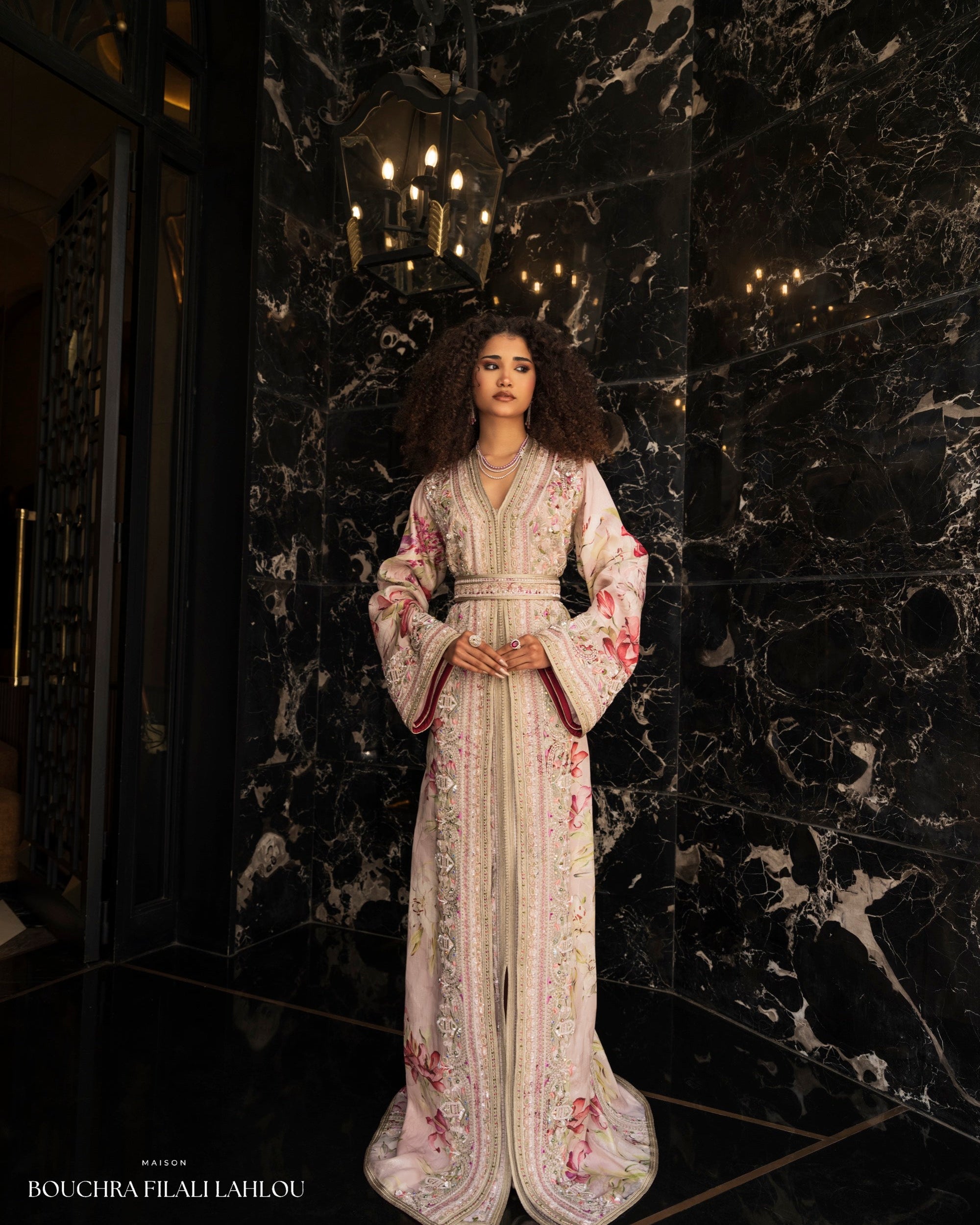 Full length floral kaftan silhouette with refined embroidery and bridal Moroccan elegance