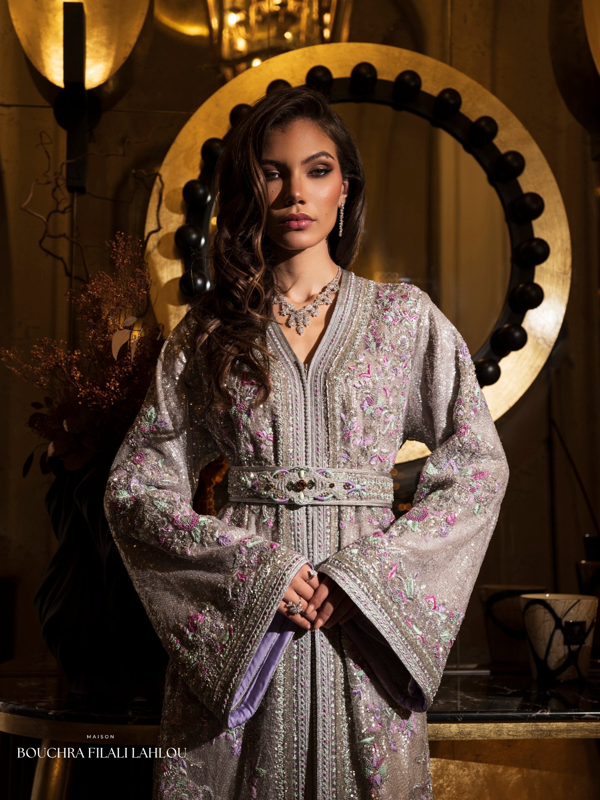 Silver Lilac Moroccan kaftan with pastel floral embroidery and belted waist
