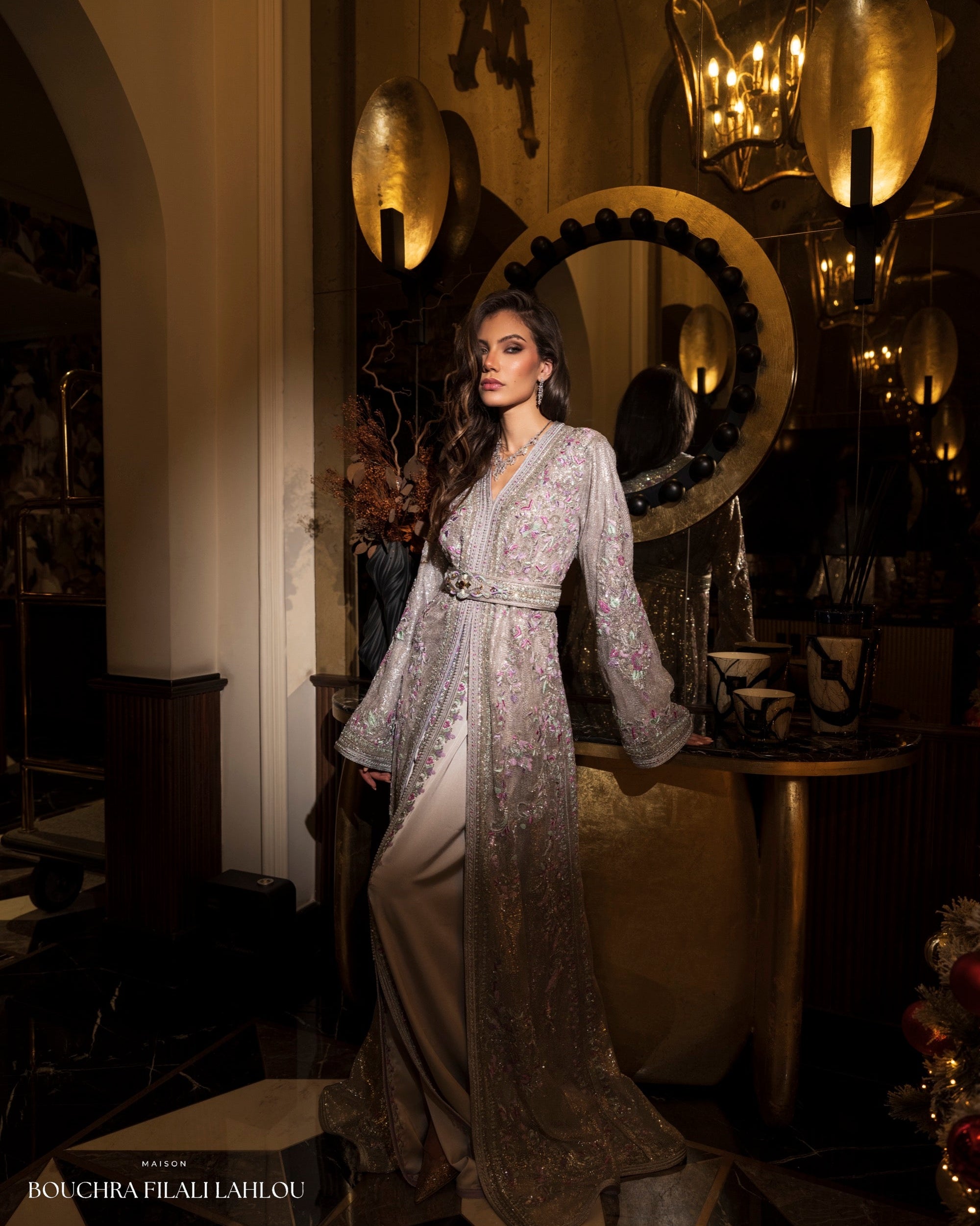 Full length silver kaftan with refined floral embroidery and wedding elegance
