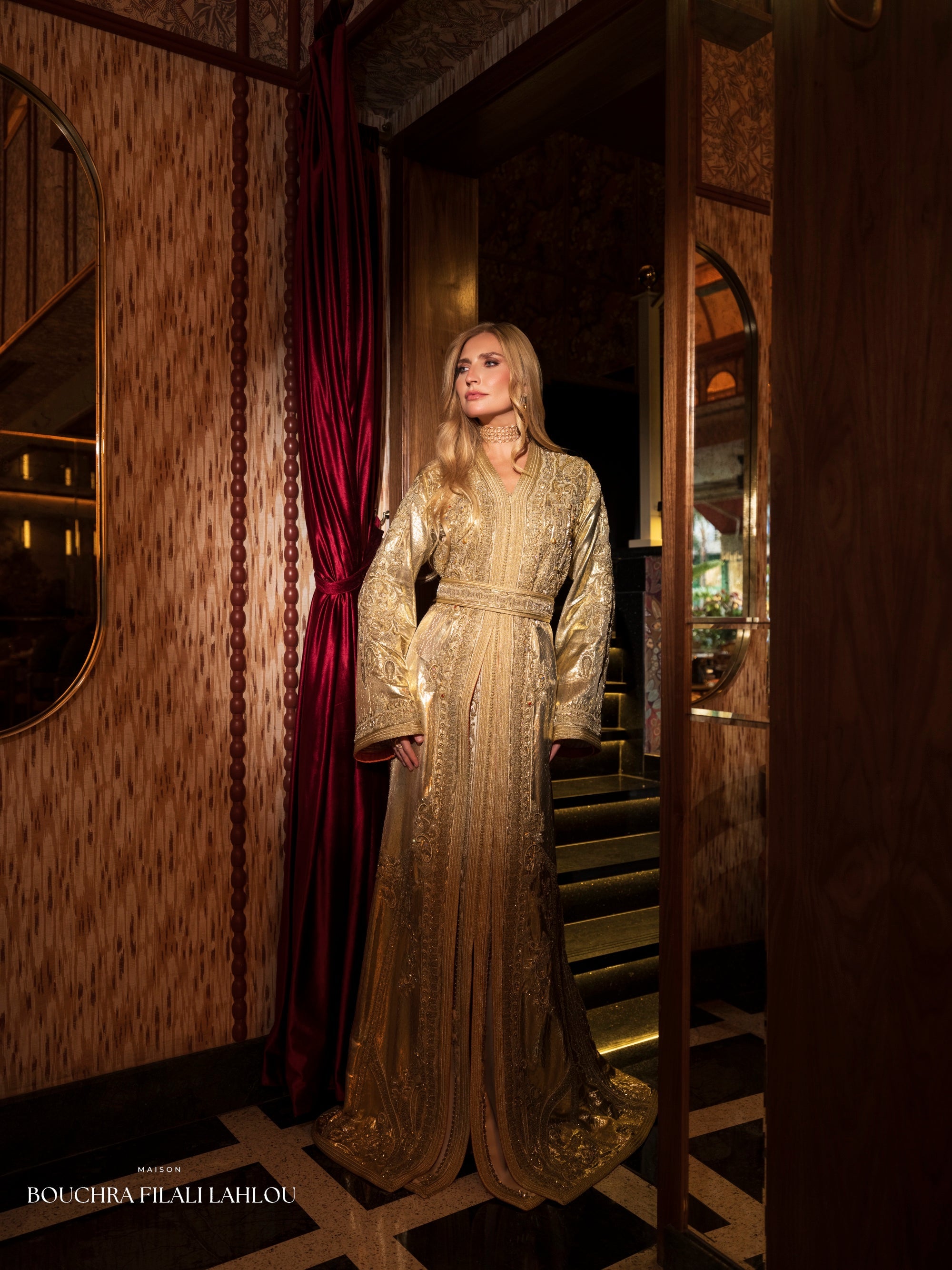 Golden Overture Moroccan kaftan with metallic embroidery, belted waist and wide sleeves