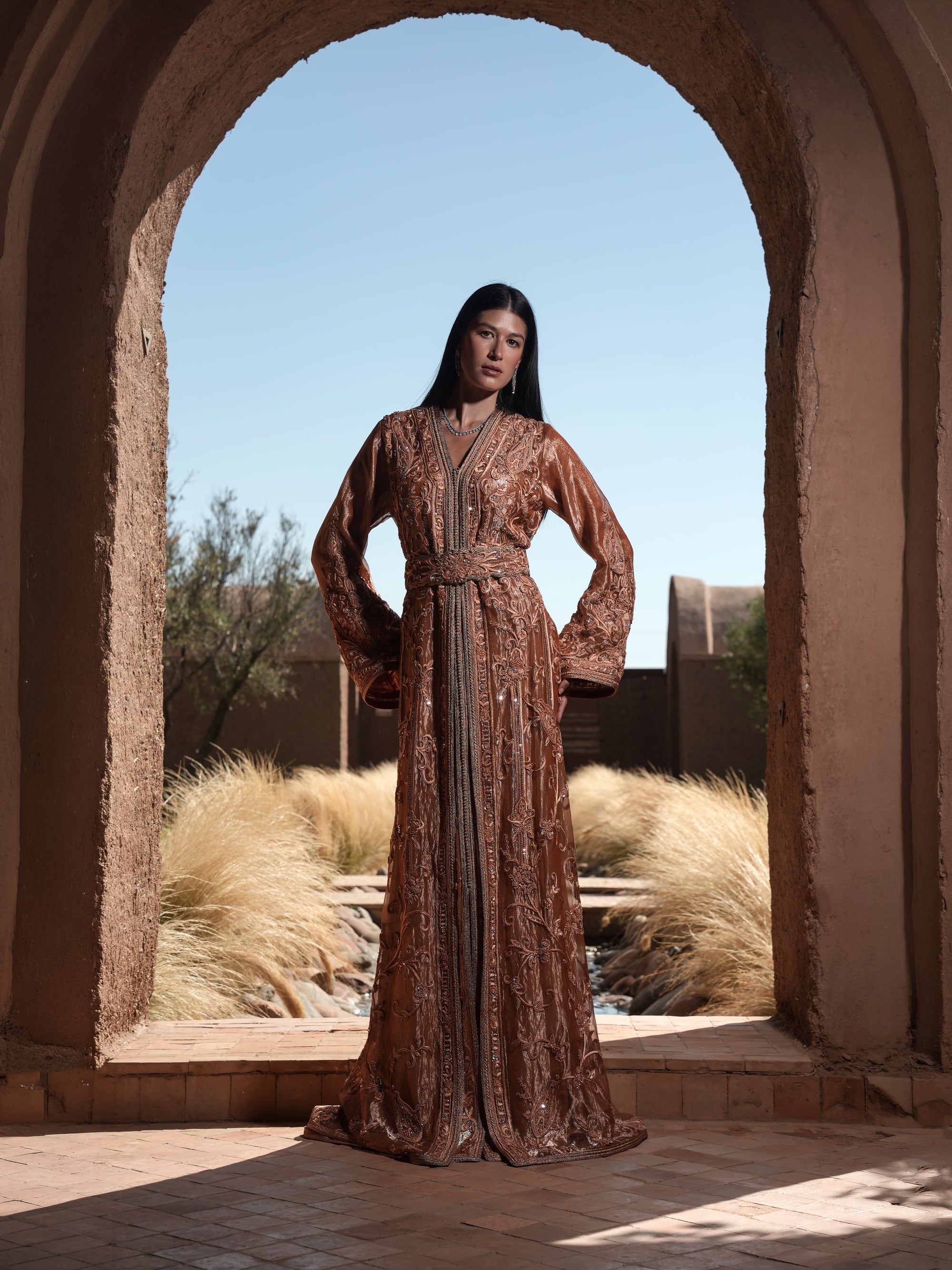 Copper Solstice devoré copper velvet Moroccan kaftan with tone-on-tone embroidery, full-length view