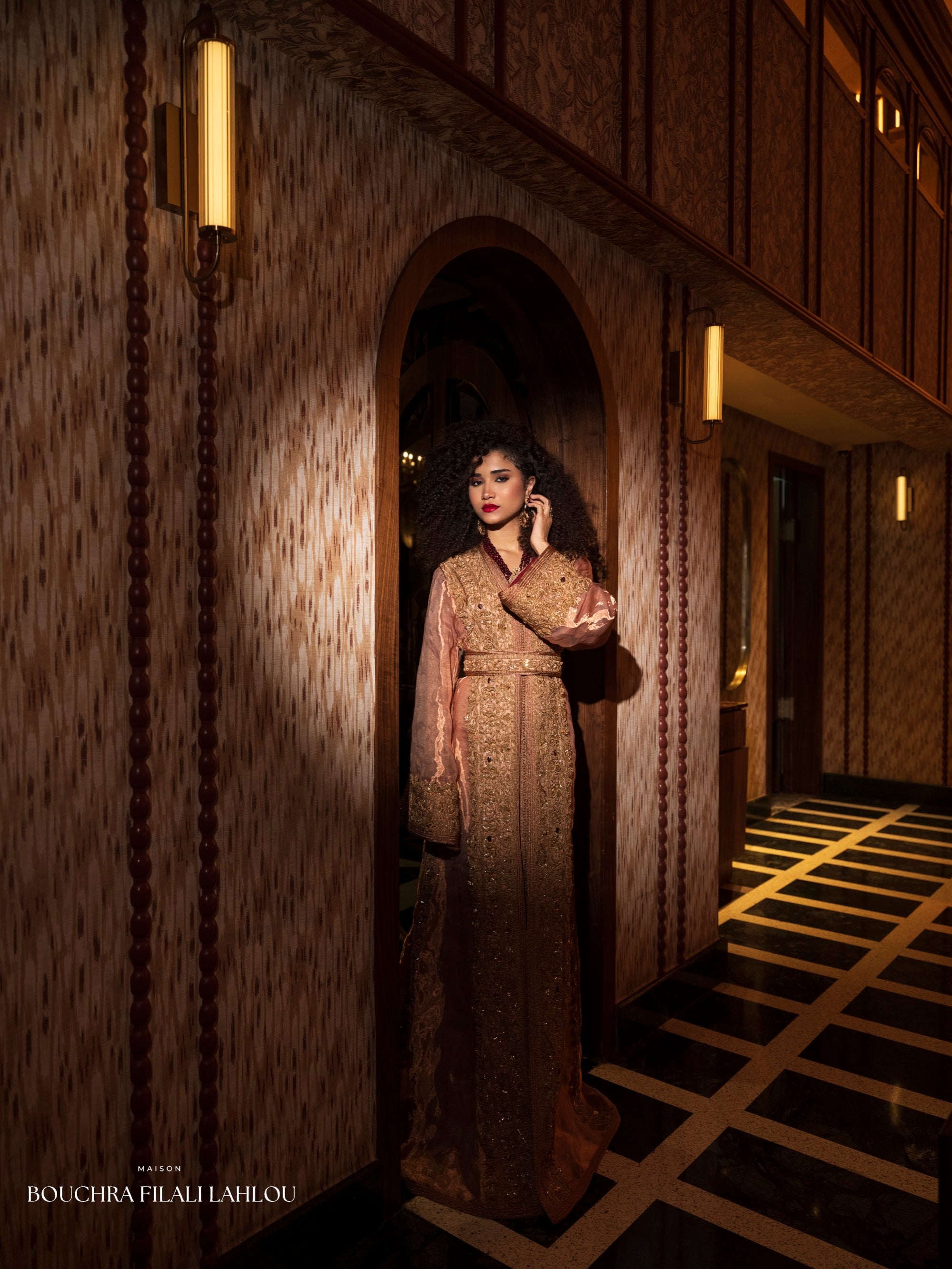 Rose Atrium Moroccan kaftan with rose gold embroidery, belted waist and wide sleeves